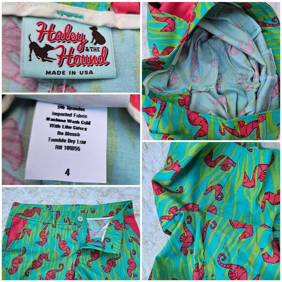 Green Seahorse Shorts Size 4 Stretch Fabric Ocean Beach Print Haley & The Hound - Picture 1 of 5